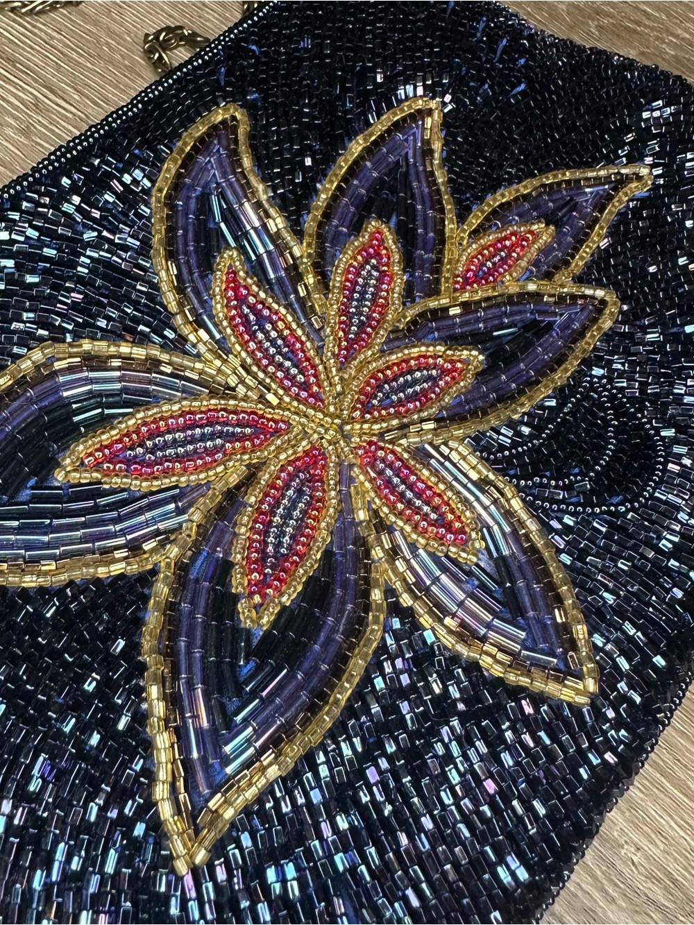 Vintage Beaded Floral Crossbody Bag Purse Blue Black Metallic Chain Strap - Picture 5 of 7